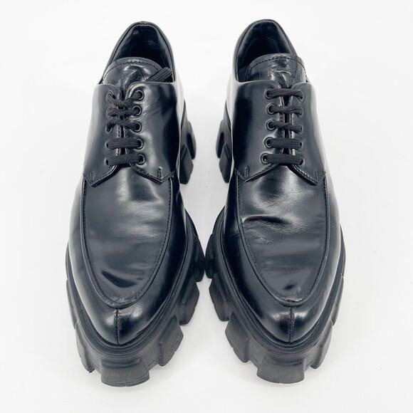 Prada Black Brushed Leather Lace Up Chunky Monolith Derby Oxford Loafer IT 39 - Picture 6 of 16